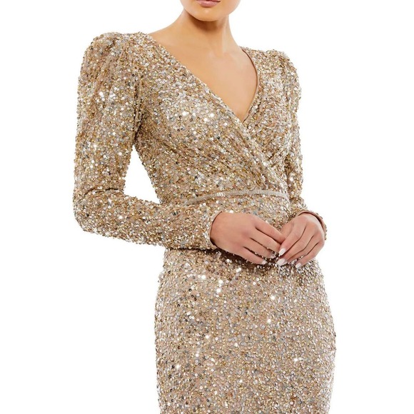 Mac Duggal NWT Gold Sequin Puff Sleeve Surplice Gown 5510 Size 6 - Picture 2 of 8